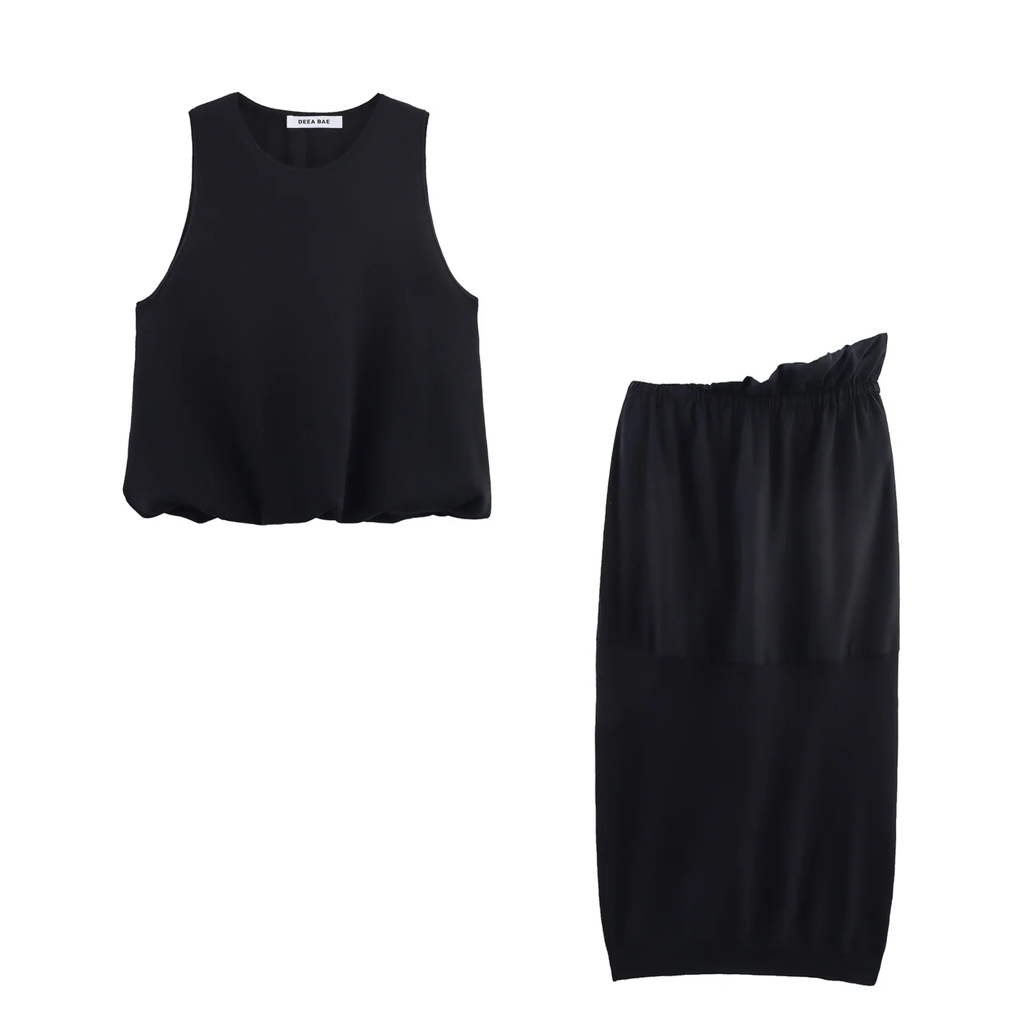 

2025 Summer New Product Women's Puff Bottom Round Neck Sleeveless Knitted Top Knitted Splicing High Waist Charm Midi Skirt Set