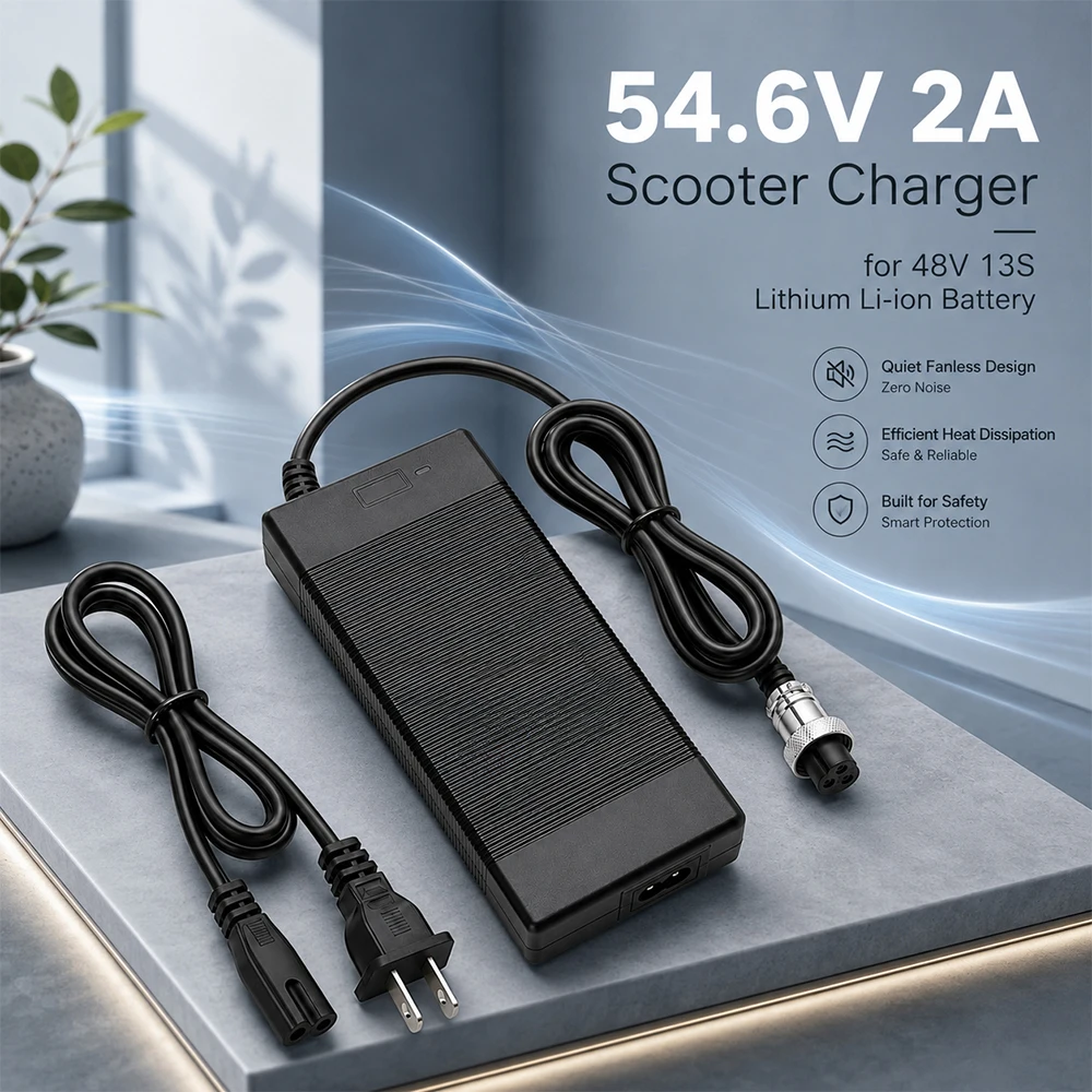 54.6V Charger 13S Lithium Battery 48V Output 2A 3 Prong Jack GX16 for Health Care 46.8V 48V 10Ah  15Ah 20Ah Batteries Charger