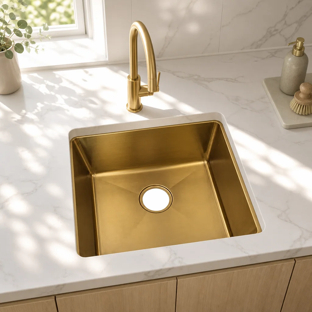 Freestanding Small Square Stainless Steel Single Bowl One Hole Gold Undermount Drainer Kitchen Sink