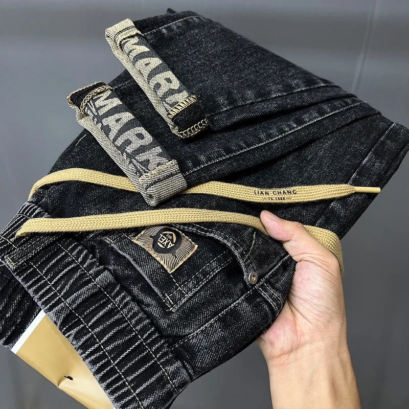 

New High-End Men's Loose Fit Jeans with Rope Waistband Trendy Print Elastic Waist Slimming Casual Harem Pants
