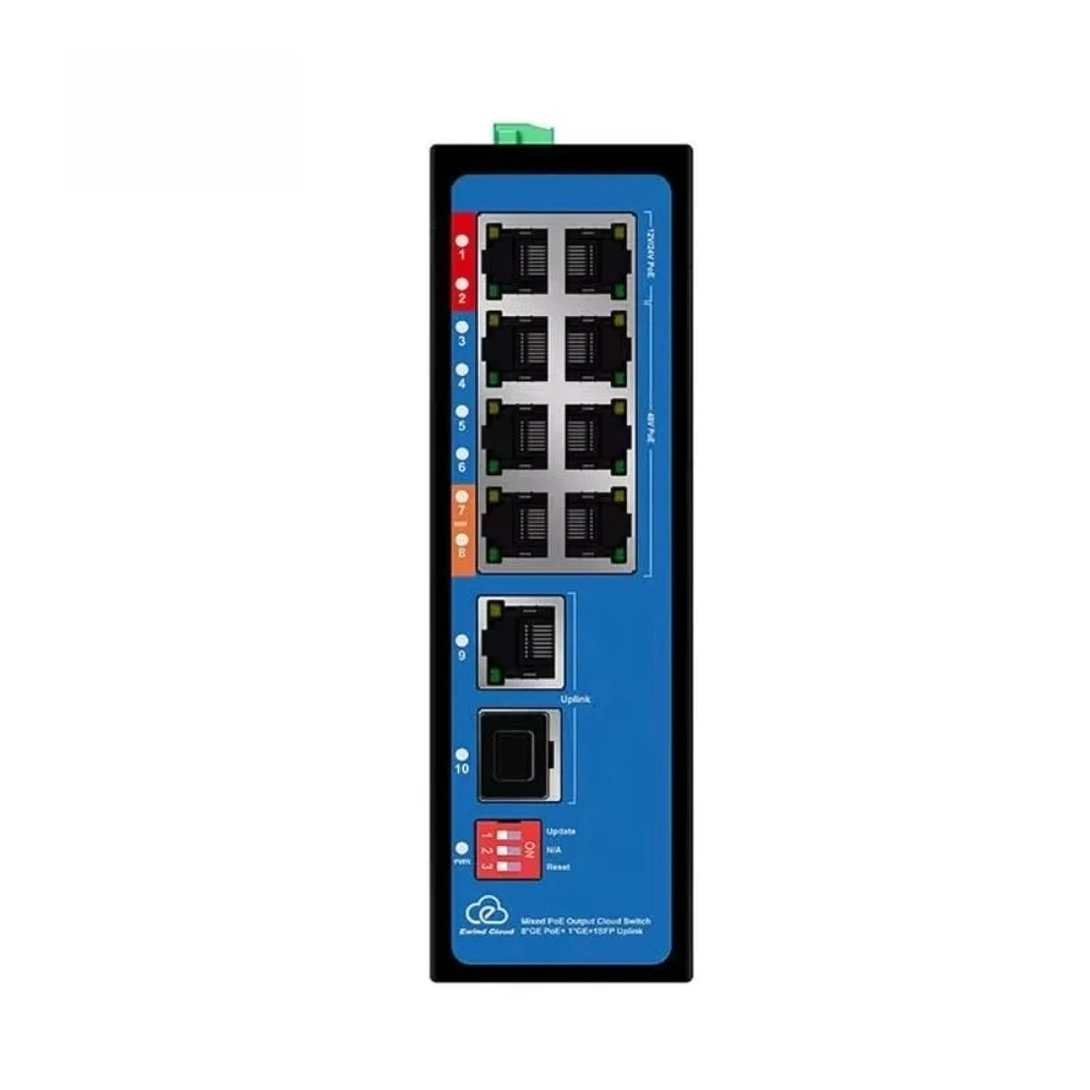 Industrial cloud PoE switch, 8-port with multi-voltage 12V/24V DIP options + 60W PoE++ solar closed-circuit TV tower