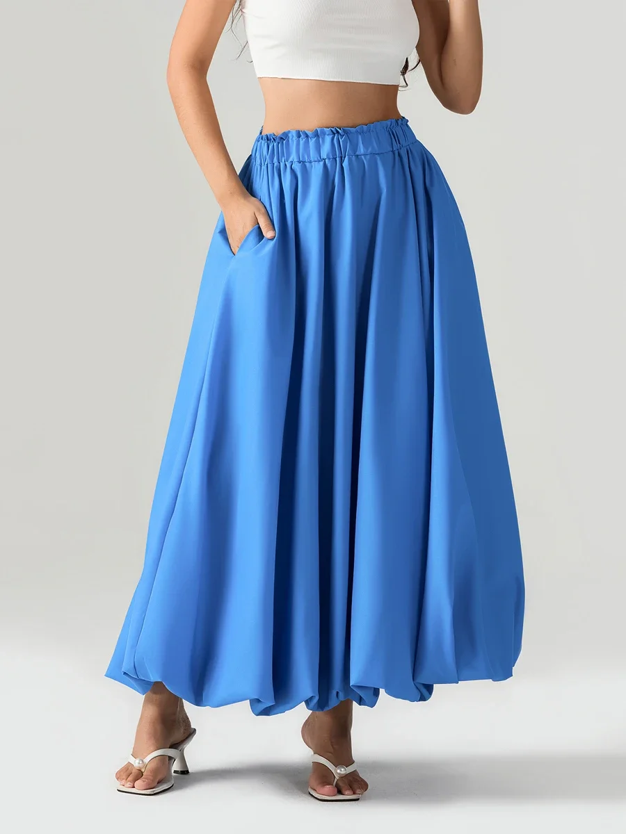 

New Fashion Womens Long Skirts Cute Puffy Floral Bud Bubble Elastic Waist Solid Color A-Line Skirts