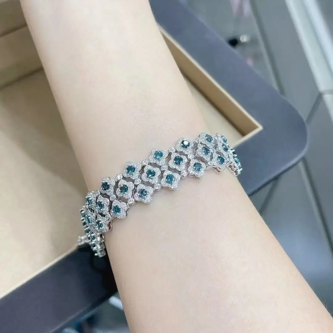 Blue Topaz Bracelet Adjustable, S925 Sterling Silver White Gold Plated Sky Blue Gemstone
