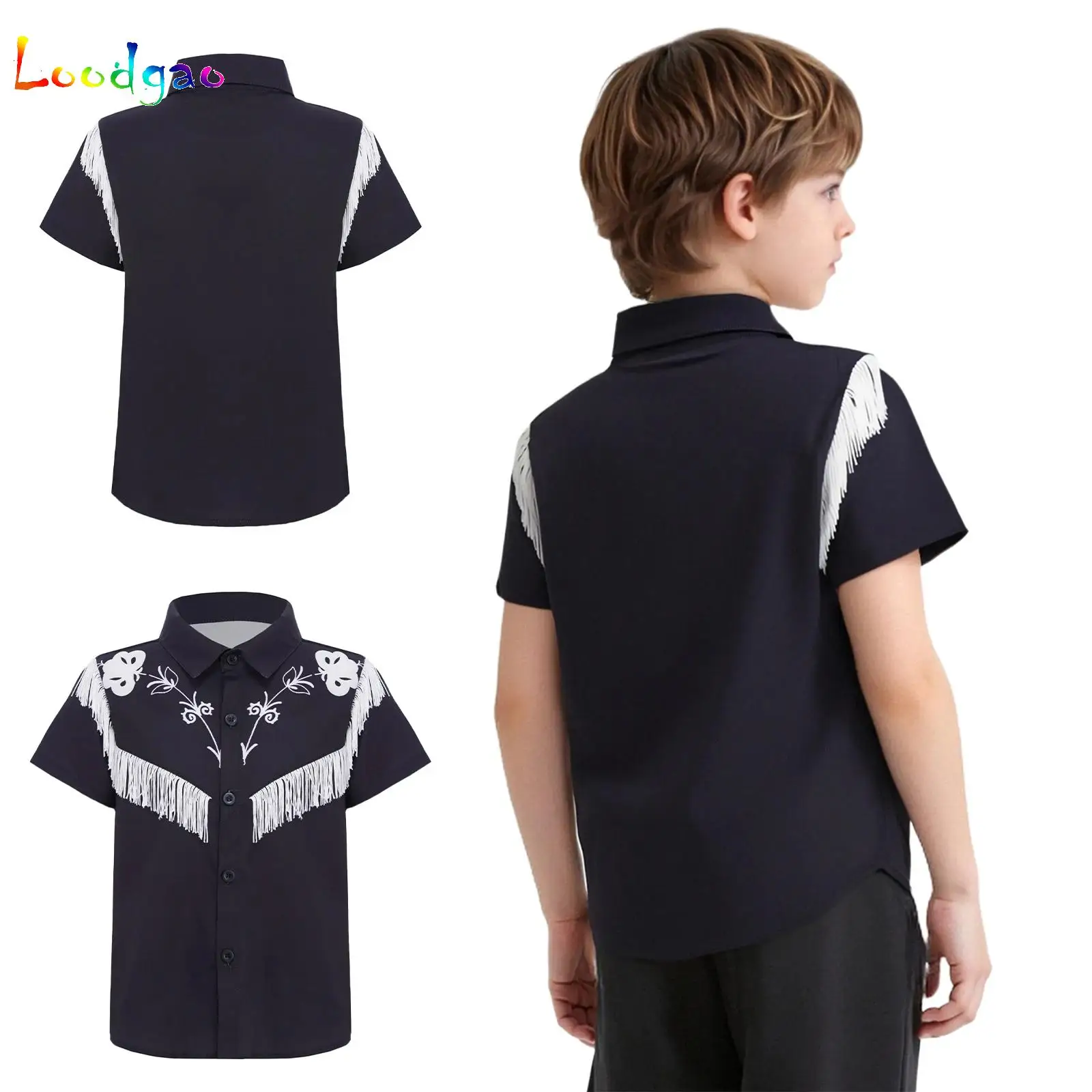 

4-7Yrs Kids Boys Floral Print Fringed Shirt Short Sleeve Button Tassel Top for Birthday Party Dance Photography Fashion Clothing