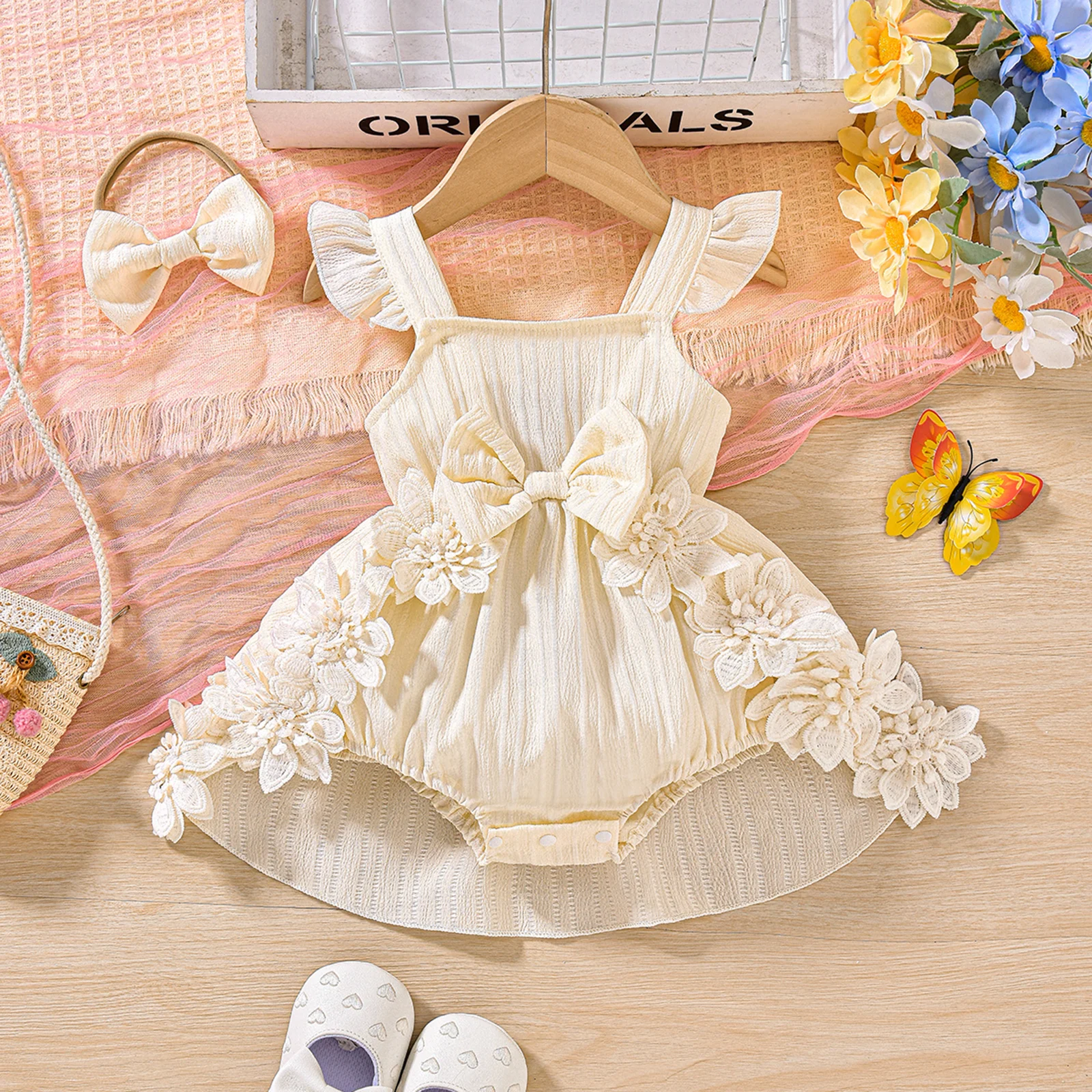 Baby Girl Summer Outfits Ruffle Sleeveless Square Neck Bow Front Romper with Headband Set Newborn Baby Bodysuits Clothes 0-18M