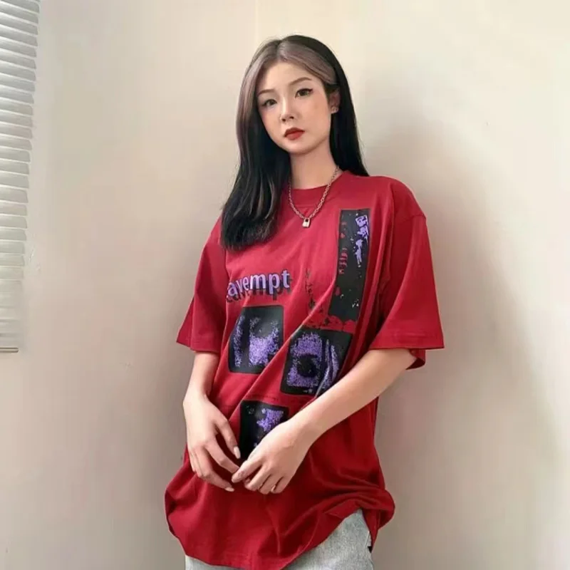 Red CAVEMPT T-shirt Men Woman 1:1 Good Quality Vintage Letter Abstract Printing O-Neck Loose Casual C.E Top Tees