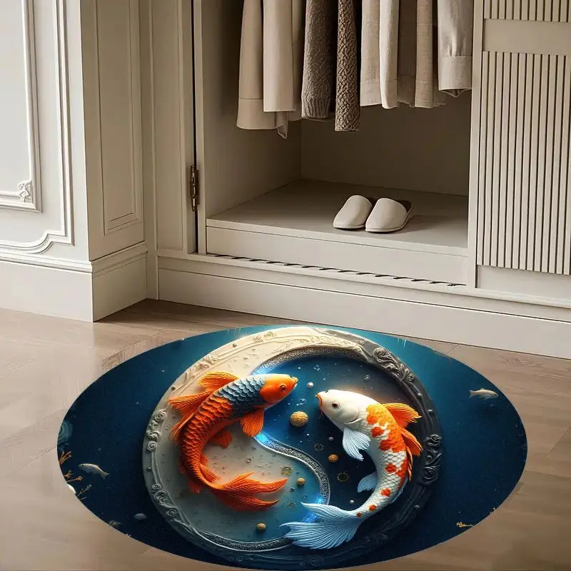 Yin Yang Koi Fish Round Rug Flannel Soft 3D Illusion Music Room Decor Non Slip Carpet Home Living Room Bedroom Floor Mat