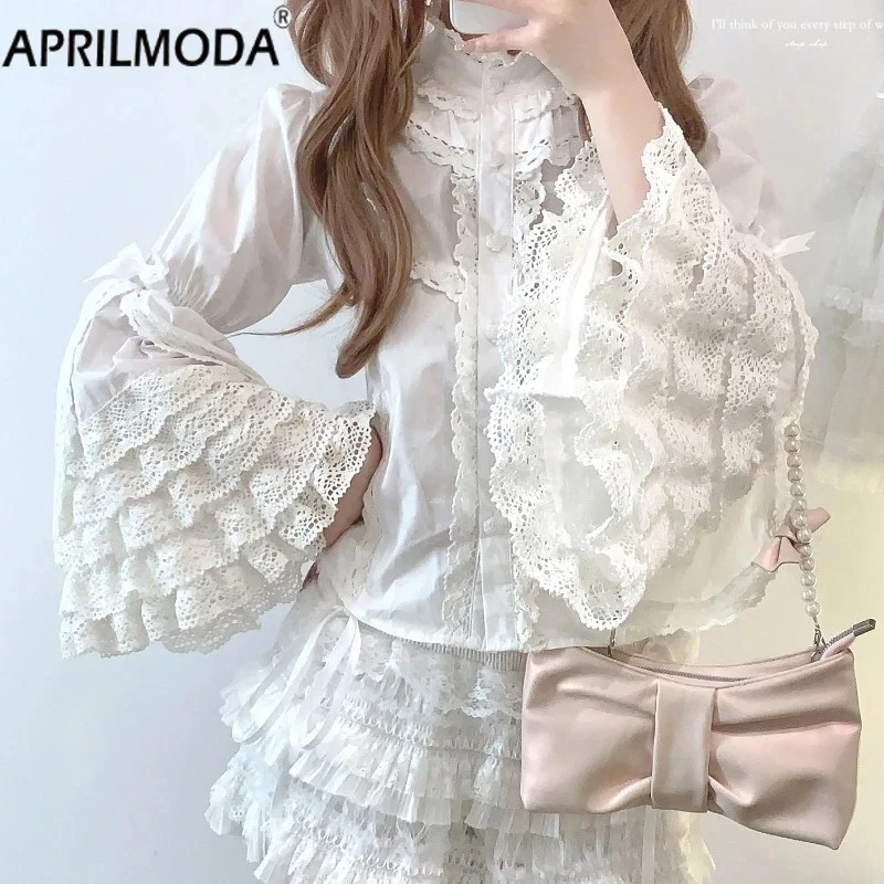 2024 Victorian Gothic Sweet Flare Sleeve Blusas Tops Girls Harajuku Kawaii Blouses Ruffles Bow Women Vintage Lolita Shirts Y2k