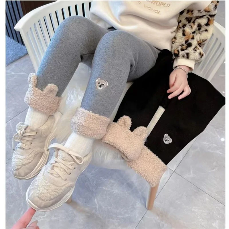 

Baby Girls Leggings Warm Cotton Pants Autumn Winter Kids Plus Velvet Pants Cartoon Bear Girls Thicken Elastic Leggings Trousers