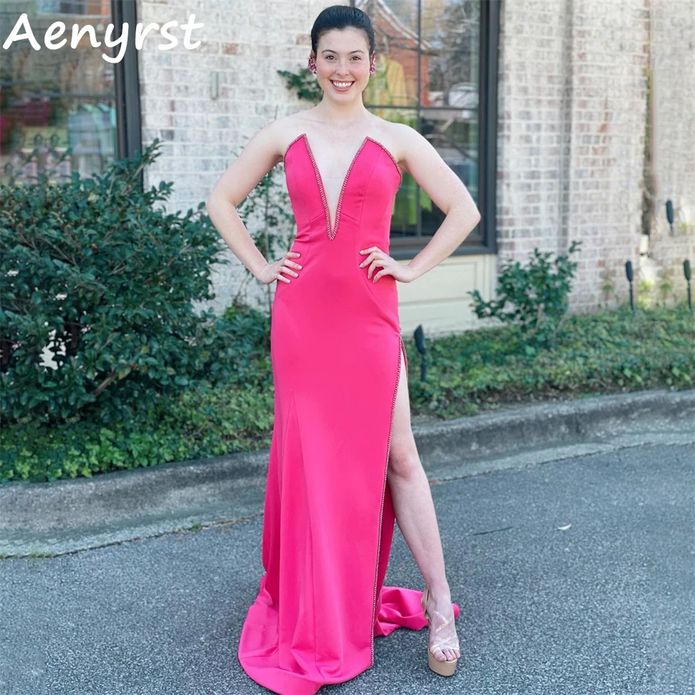 Aenyrst Simple V Neck Mermaid Evening Dresses Satin Side High Slit Prom Gowns Floor Length Dinner Party Dress Long فساتين السهرة