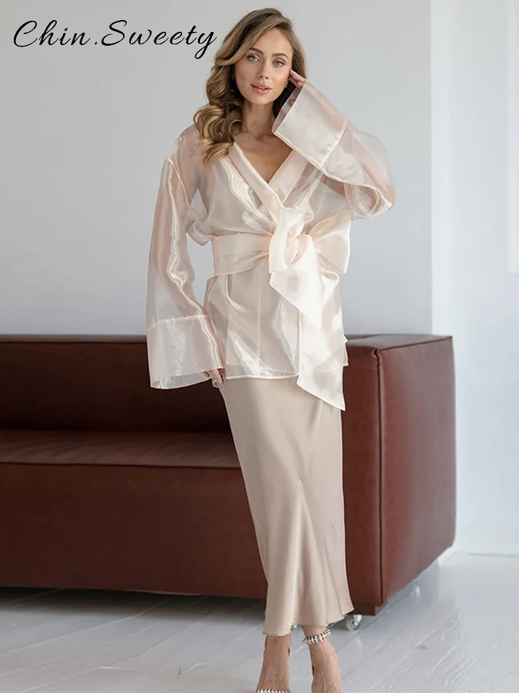 

Elegant See Though Lace Up Shirts Women Loose Solid V-neck Full Sleeve Top 2025 Spring Summer Lady Chic All-matching Blouses New