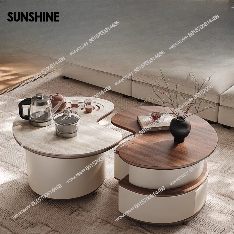 Household small apartment retro style solid wood combination tea table movable sofa edge several tea integrated