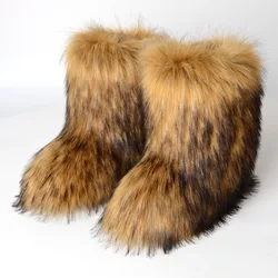 Women's Winter Fluffy Faux Fox Fur Boots Woman Plush Warm Snow Boots Luxury Footwear Girls' Furry Fashion Winter Shoe