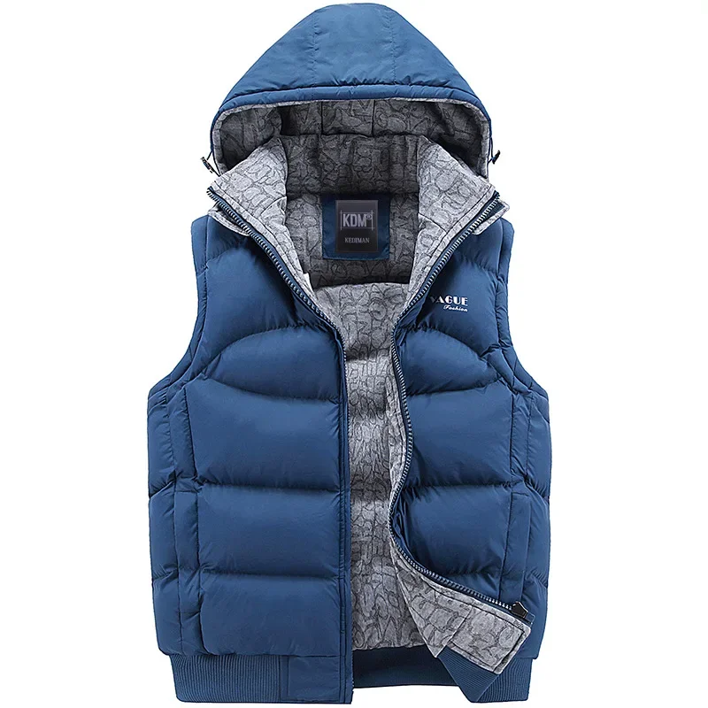 Fashion Sleeveless Jacket  Men Thickening 100% Cotton Vest Hat Hooded Warm Vest Winter Waistcoat Men Casual Windbreaker