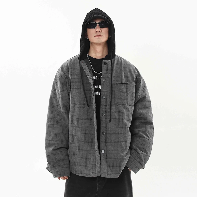 PFNW American Vintage Splicing Plaid Parkas Jacket Men's  Winter Thickened Loose Hooded Cardigan Cotton-padded Coat Tide CPG2201