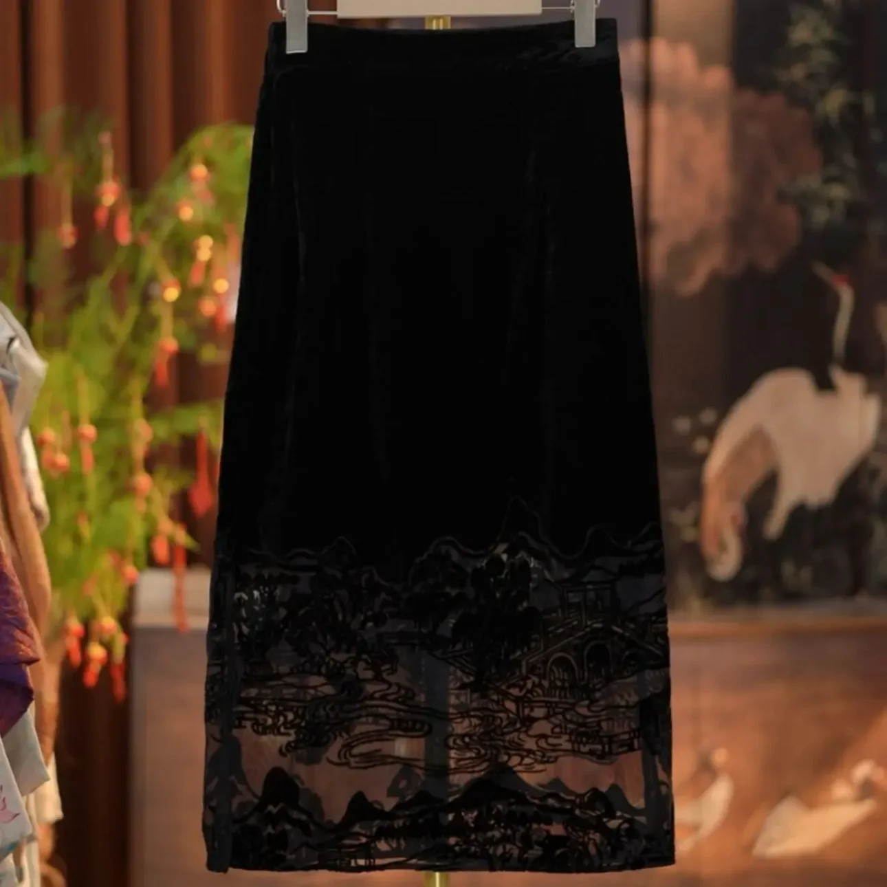 جديد الصينية Sle الفاخرة الرجعية المخملية المحروقة زهرة شبه تنورة المرأة الخريف تصميم جديد تحسس تنحنح منتصف طول تنورة