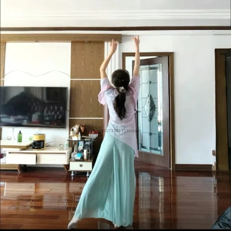 سراويل الرقص العرقي الصيني، سراويل واسعة الساق من نسيج الشاش المتدفق، ملابس تدريب أداء الرقص الكلاسيكي للنساء