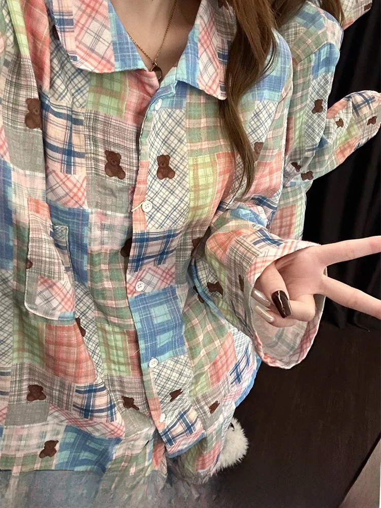Retro Korean Cute Bear Print Sleepwear Women's Spring Autumn Loose Comfortable Home Clothes Set Can Be Worn outside
