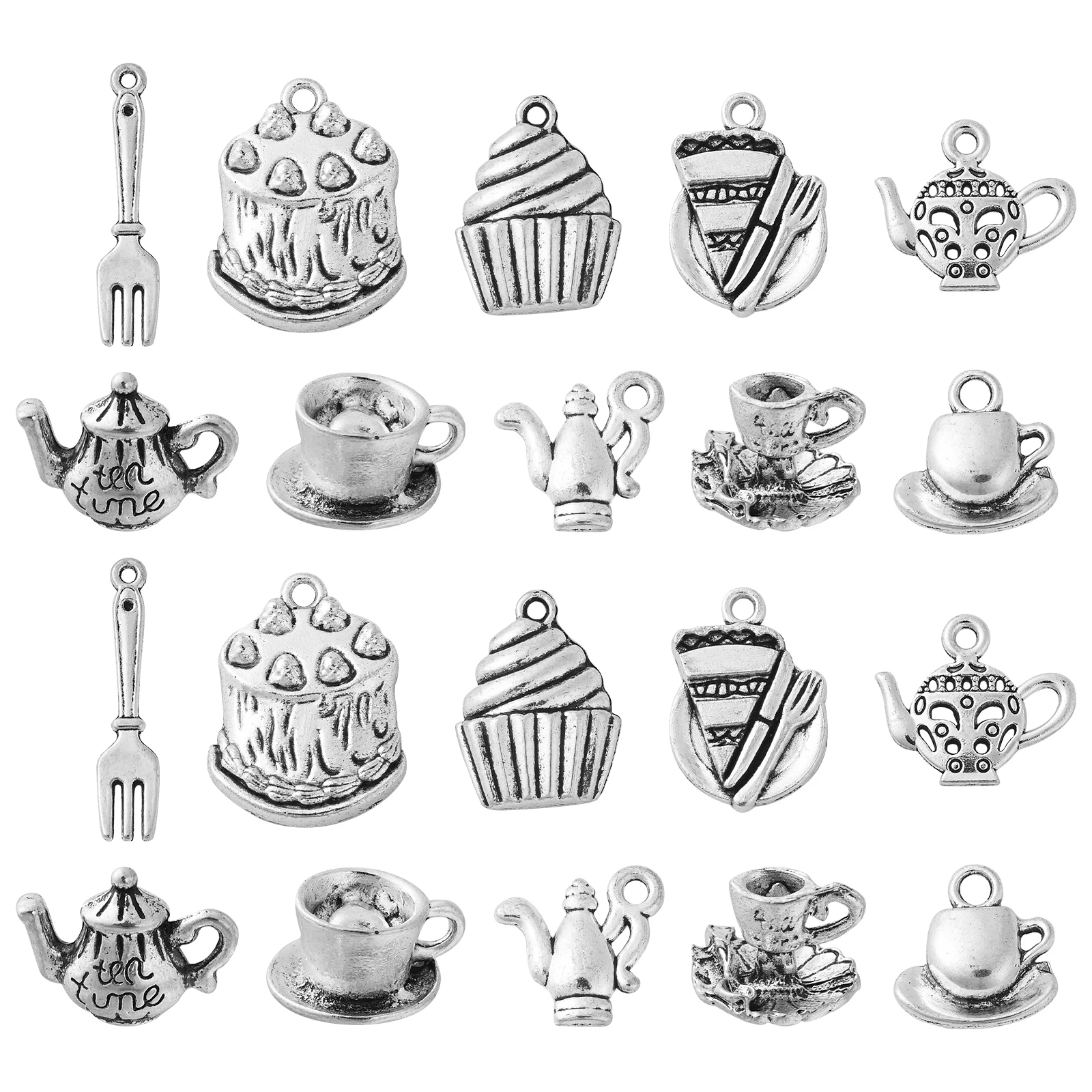 

100Pcs 10 Styles Afternoon Tea Theme Charms Tibetan Vintage Teapot Coffee Mug Cake Charms for DIY Jewelry Making Supplies