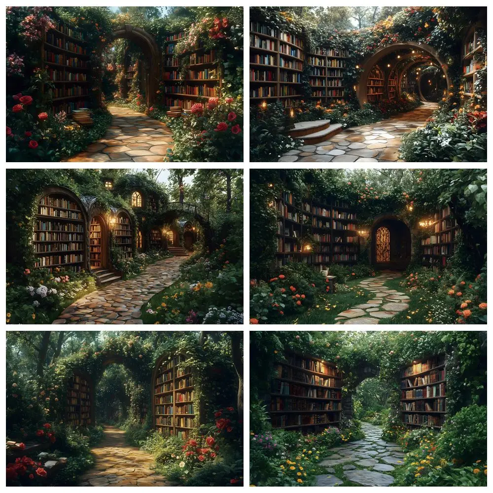 

Enchanted Forest Library Books Backdrop Bookshelf Green Trees Princess Photo Baby Kids Birthday Party Photography Background