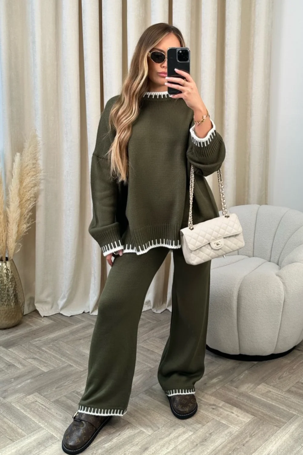 Casual Women 2 Pieces Sets Knitted Sweater Pullovers Wide Leg Long Pants 2024 Autumn Female Office Suit Outfits Loungewear