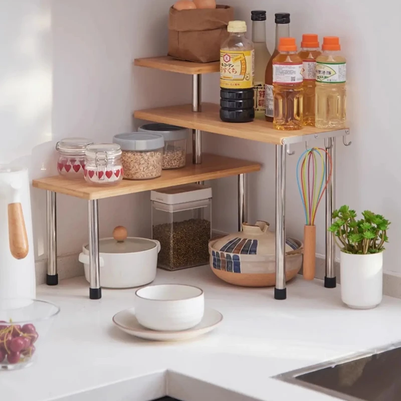 

Countertop Kitchen Corner Shelf Bamboo Organizer Rack for Spices Seasoning Pots or Desktop Flower Pot Display Stand