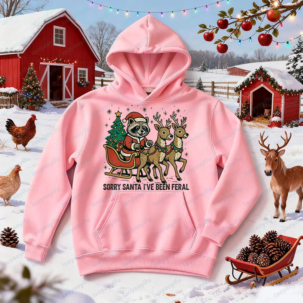 Sorta Merry Sorta Feral مضحك الراكون عيد الميلاد هوديس وقح لطيف الحيوان الملابس عيد الميلاد الرنة مزلقة قميص مطبوع المرأة هوديي