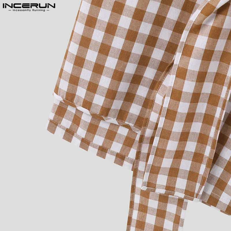 INCERUN Men T Shirt Plaid Lapel Short Sleeve Tie Up Casual Men Clothing Summer Streetwear 2024 Fashion Leisure Tee Tops S-5XL