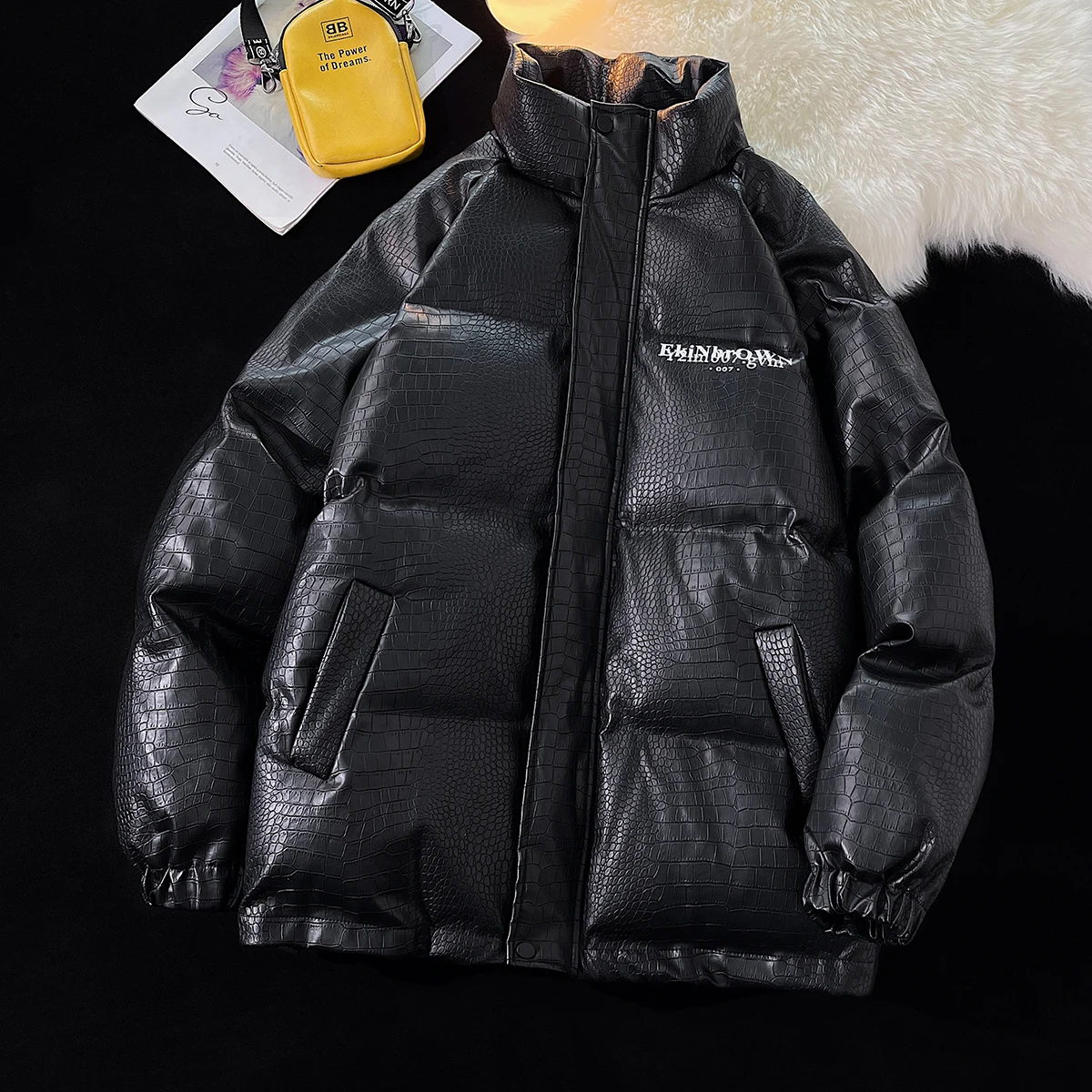 

Мужская зимняя куртка из искусственной кожи с крокодиловым узором, утепленная хлопком, американский бренд, высококачественная стильная верхняя одежда для подростков