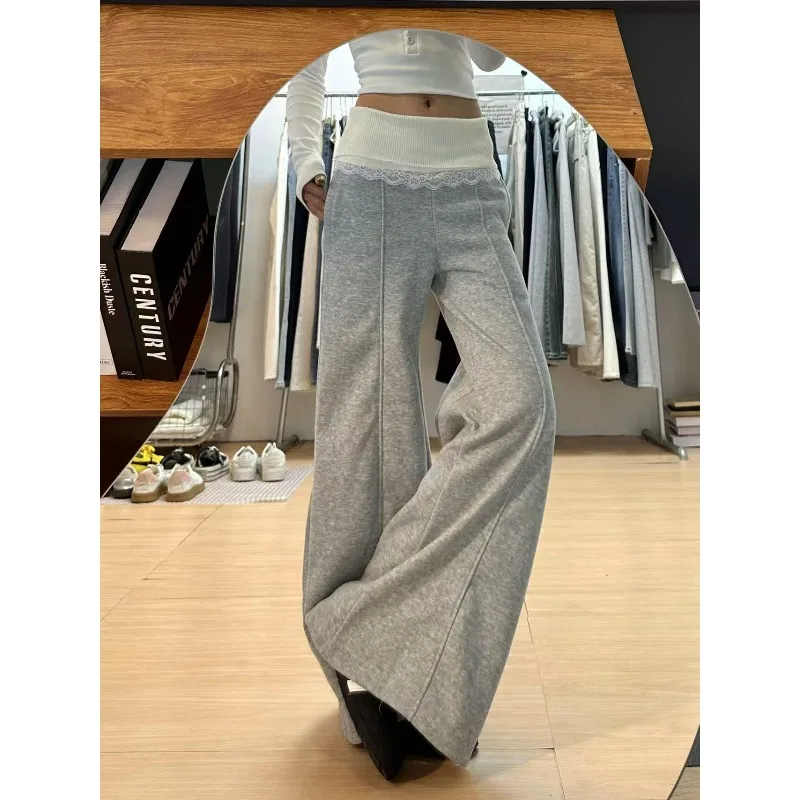 Vintage Contrast Color Lace Patchwork Loose Wide Leg Pants Women 2025 Autumn New Korean High Waist All-match Casual Pants