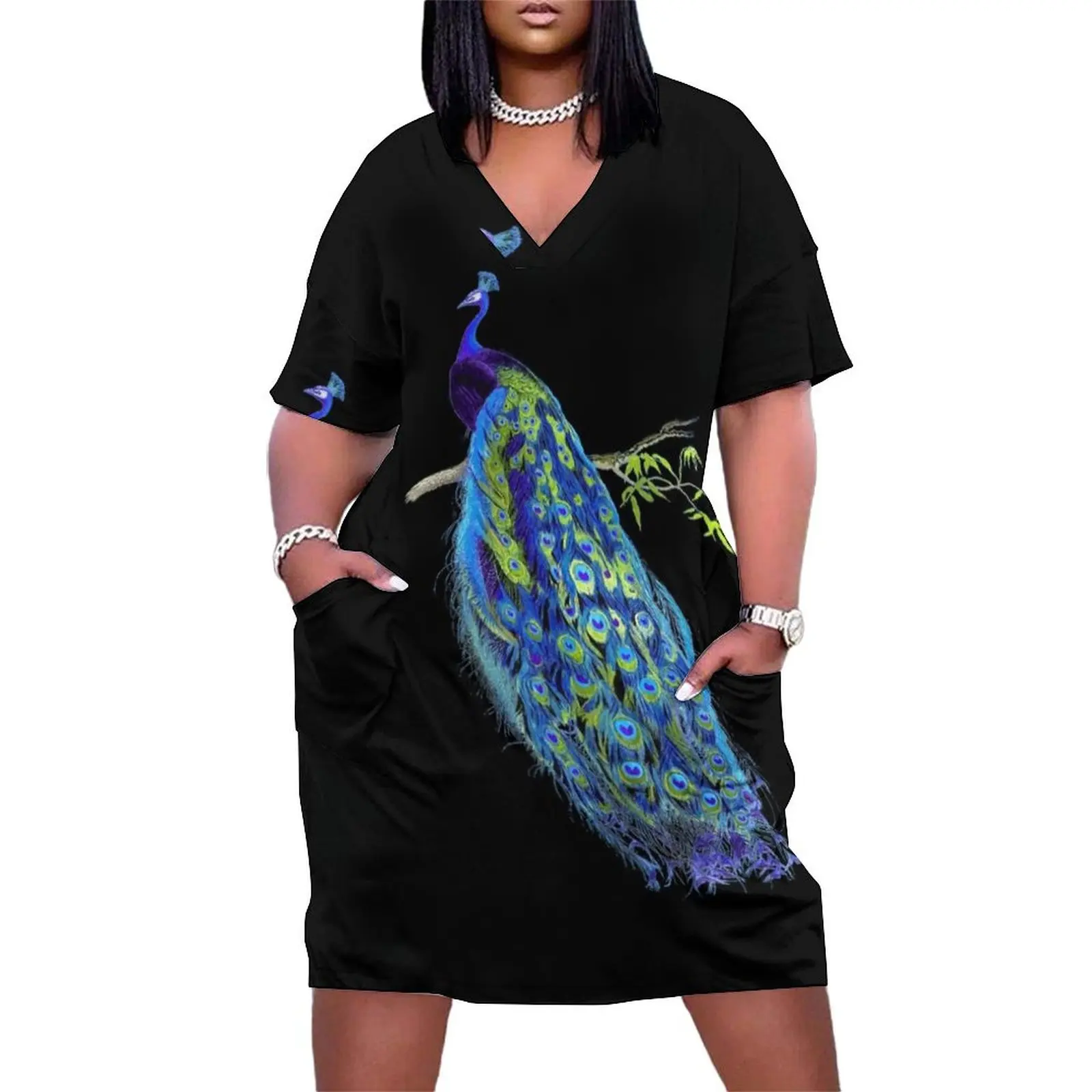 

Vintage Peacock, Cobalt Blue+Green Loose Pocket Dress dress for woman elegant party dress for women 2025 dresses summer
