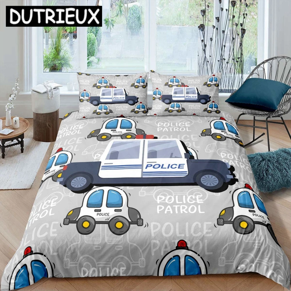 

King/Queen Size Bedding Set for Kids Boys' Beds - Cartoon Police Car - Themed in Blue & Grey, Quilt Cover Included