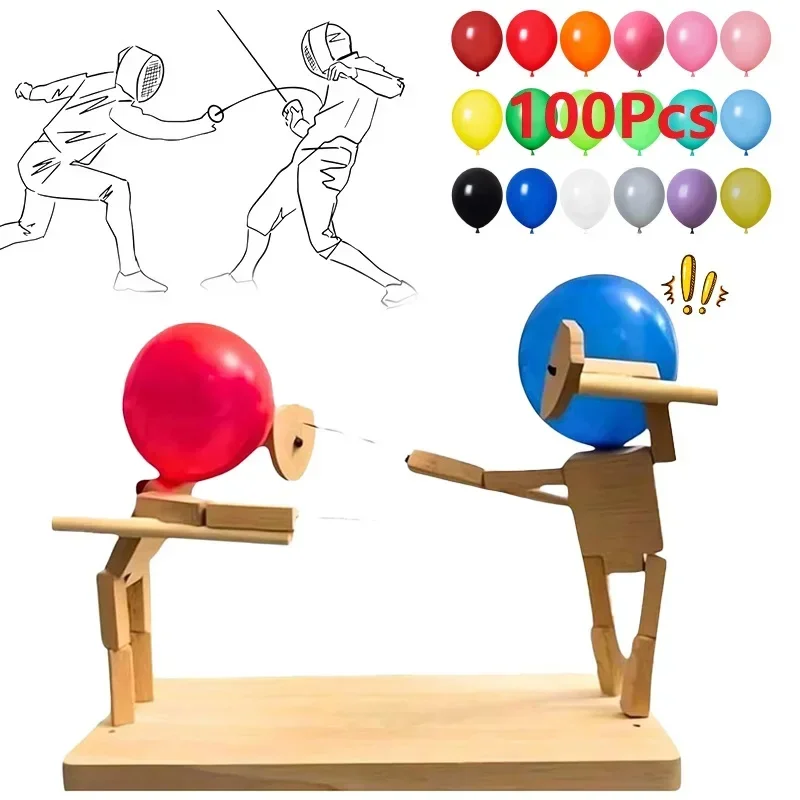 Balloon Bamboo Man Battle Handmade Wooden Fencing Puppets Wooden Bots Battle Game Two-Player Fast-Paced Balloon Battle Game