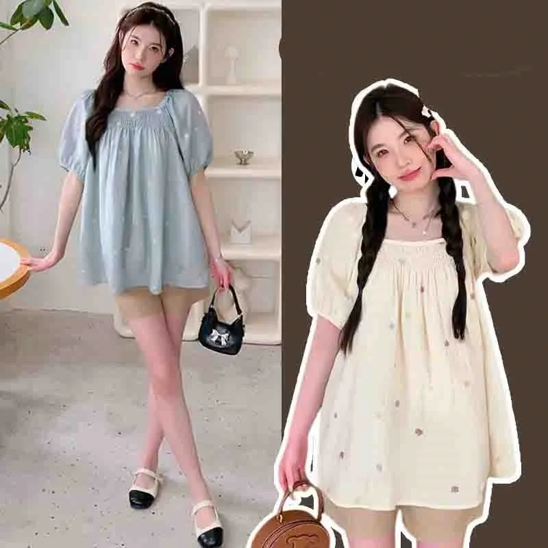

2025 Creative Pregnant Women's Top Summer Short Sleeve Square Neck Embroidered Shirt Top Maternity Trendy Short Sleeve Top LI224