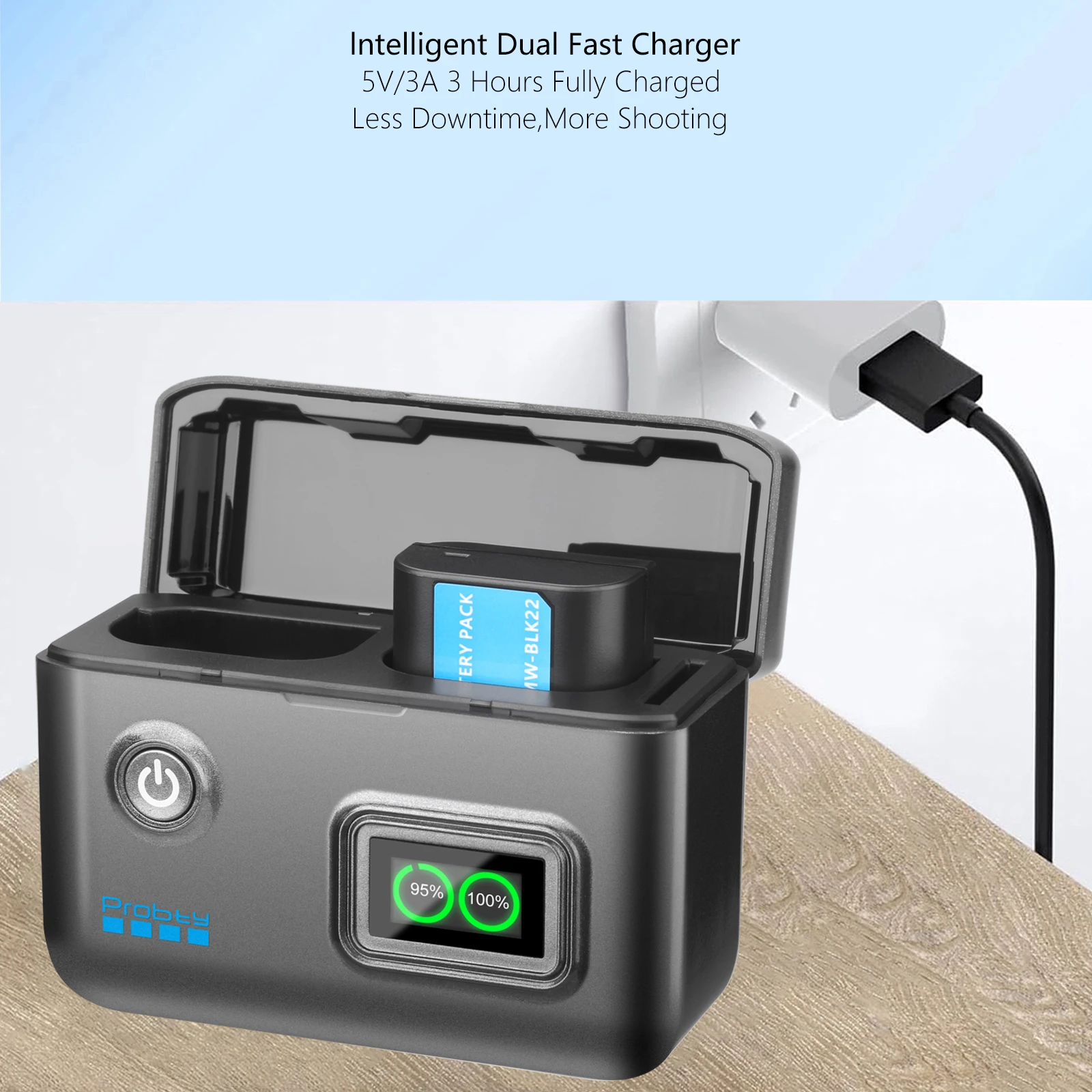 Probty DMW-BLK22 شاحن سريع محمول لـ Lumix DC-S5، S5II، S5IIX، S5M2، S5M2X، S1RII، GH6، GH6L، GH5II، G9M2