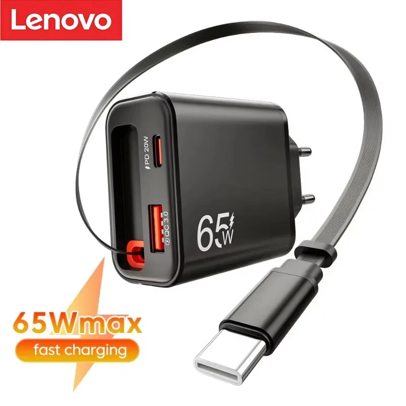 Ładowarka Lenovo 65W GAN Type C USB Super Fast Charging z wysuwanym kablem USB C do iPhone'a i Samsunga, obsługuje wiele protokołów.