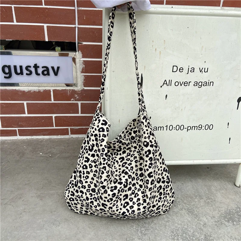 Large Capacity Women Eco Reusable Shopping Bag Leopard Pattern Ladies Canvas Shoulder Bags Student Girls School Tote Handbags