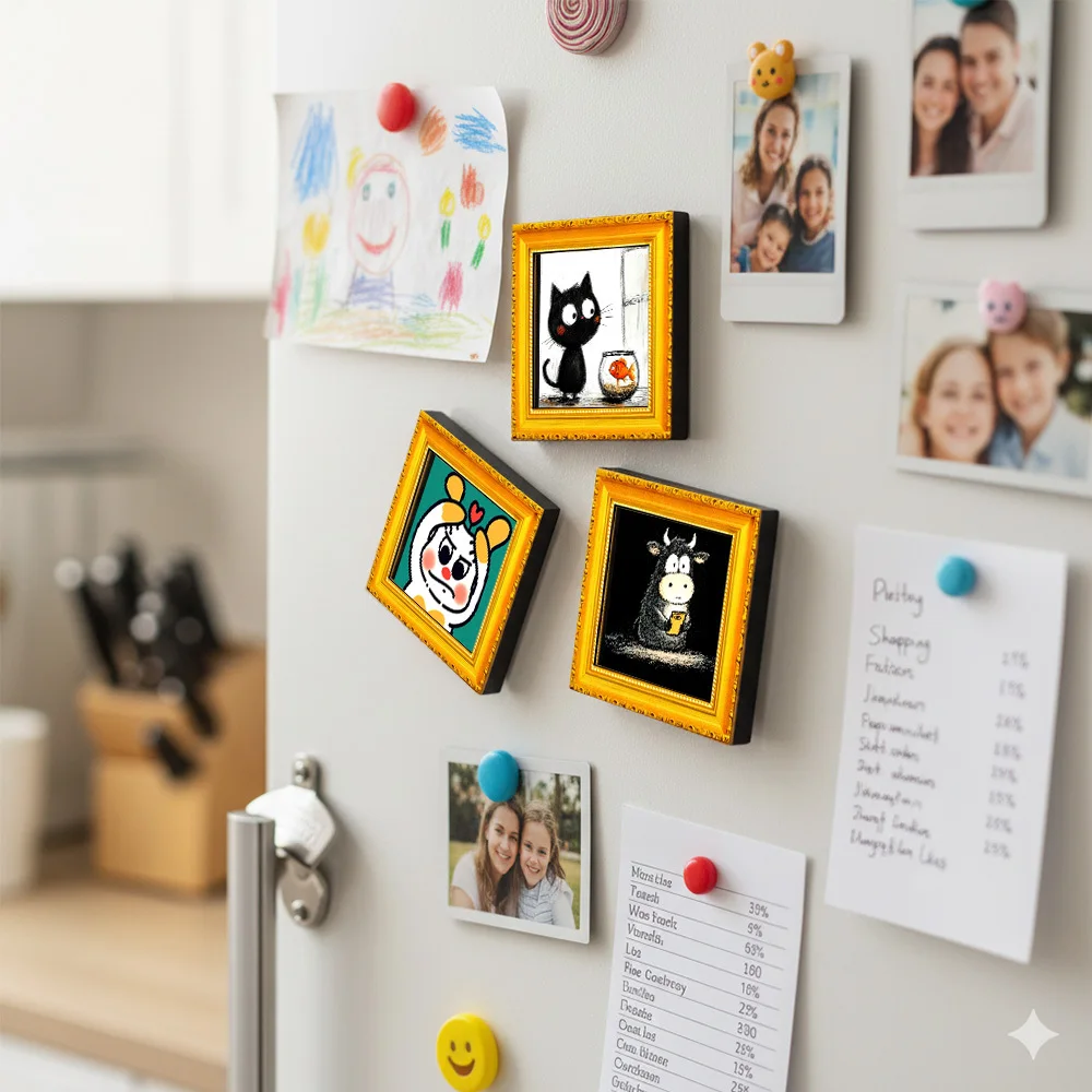 Mini Framed Magnet, Cute Black Cat Goldfish Fridge Magnet, 3.1in Vintage Frame Magnetic Decal For Home Kitchen Office
