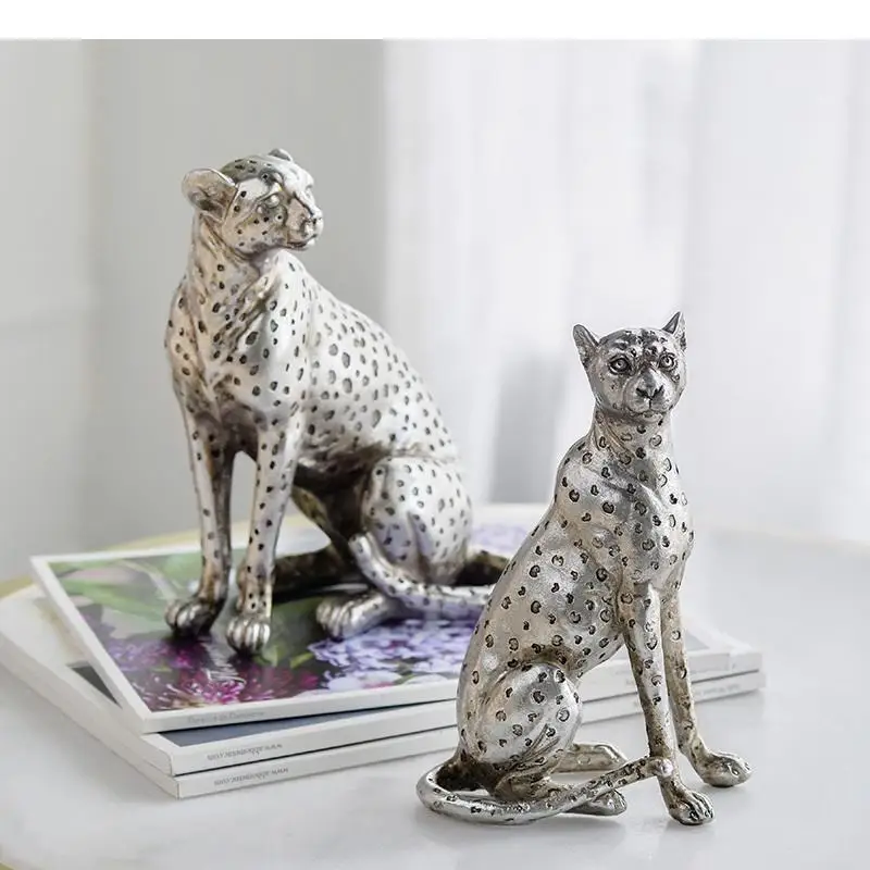 

Silver Leopard Creative Artwork Animal Resin Sculpture Desk Ornaments Leopard Statue Crafts Living Room Decoration Furnishings