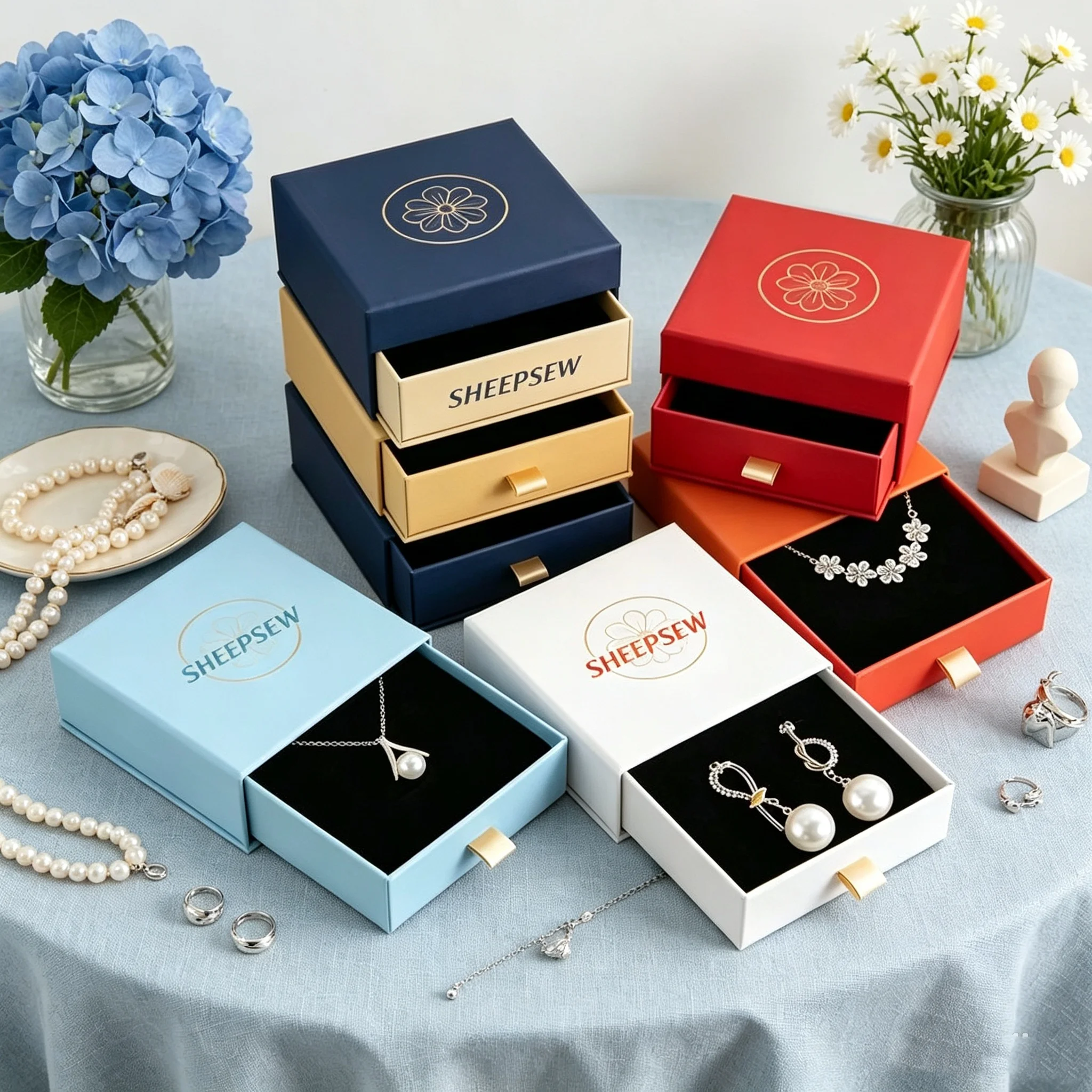 50pcs Sheepsew Custom Logo Jewellery Paper Sliding Boxes,Cardboard Ring Jewelry Drawer Box Necklace Earrings Gift Case