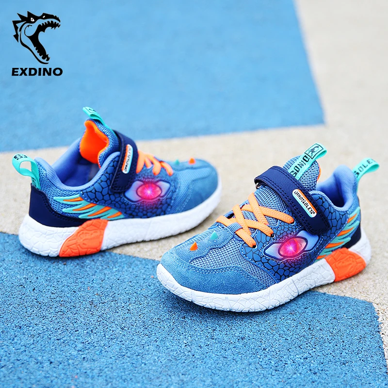 EXDINO Spring Children's Boys LED Shoes Light Up Mesh Breathable Eye Flashing Little kids Outdoor Casual Glowing Sports Sneakers