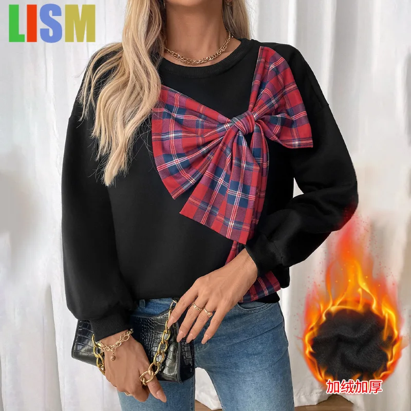

LISM women's winter clothes y2k hoodies sweatshirt 2025 Sweet Style Pattern Bow Spliced Plus Velvet Thickened Black Sweatshirt