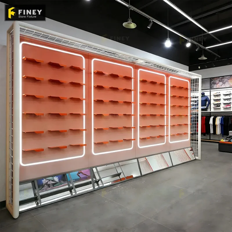 

Customize.Customized Metal Sneaker Sporting Clothing Wall Display Shelf Design Trendy Retail Sports Store Fixture