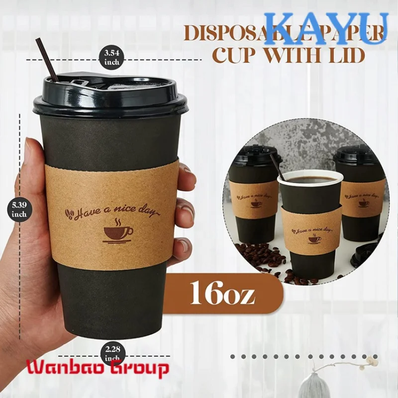 Custom  Customization Logo 8 12 14 Oz Biodegradable Black Takeaway Juice Cake Coffee Packaging Double Layer Paper Cups With Lid