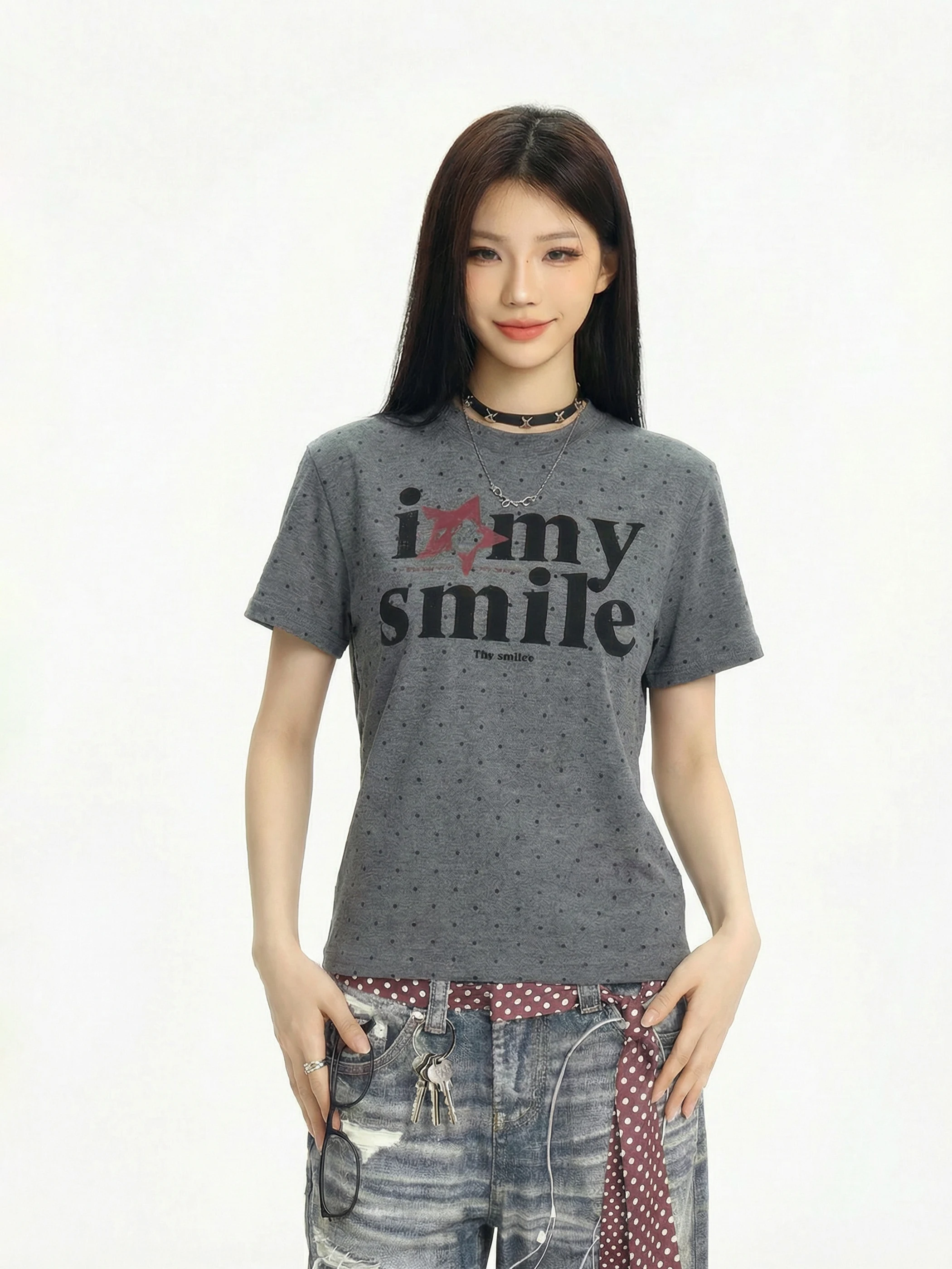 

Retro American Polka Dot Print Short Sleeve T-Shirt Women's round Neck Loose Slimming Casual Top Breathable Cotton Blend