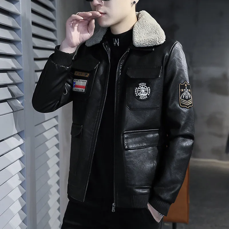 

Men's Thiened Fce Lined Biker Jaet Autumn Winter PU Leather Coat Youth Faion Outerwear Double Layer Collar Regular L...