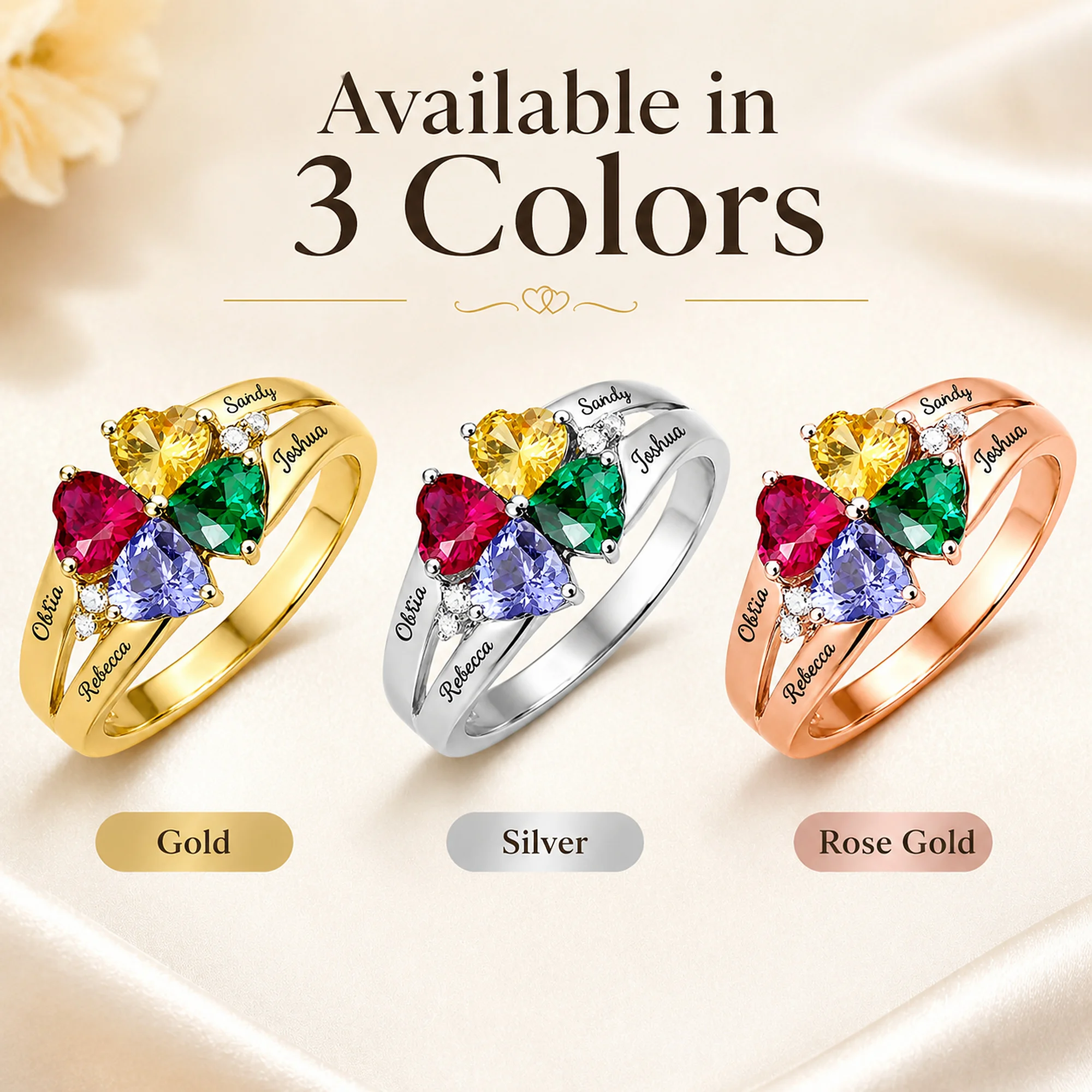 DOREMI Personalized Birthstone Ring Custom Engraved Name Ring with Multiple Birthstones Family Mom Jewelry Gift for Women