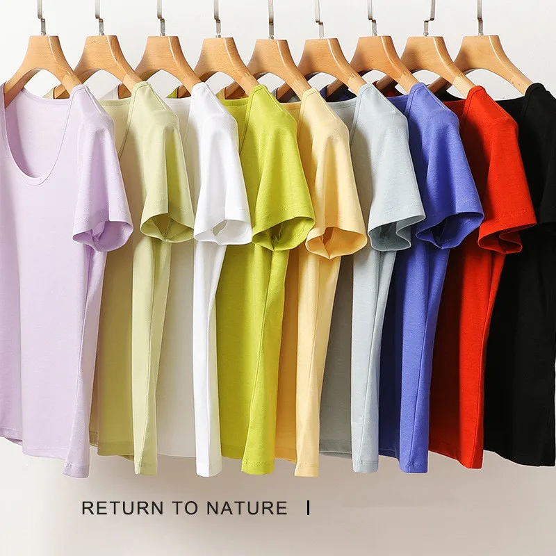 Summer Silky Acetate Mulberry Silk T-shirts U-neck Slim Fit Short Sleeve Refreshing T-shirt Basic Tees