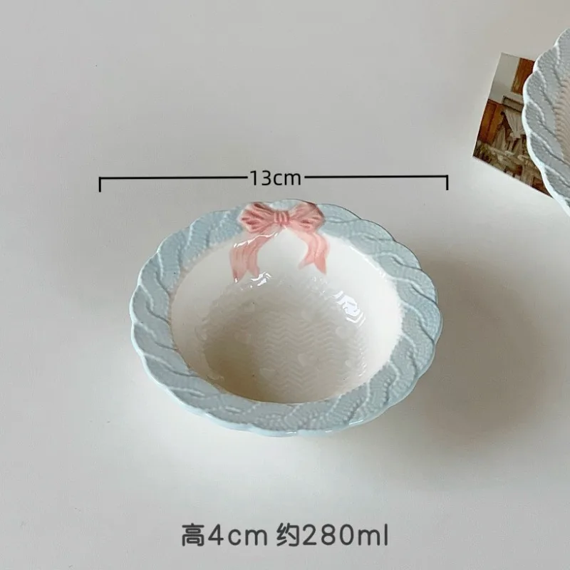 Girl's heart bow lace ceramic plate rice bowl cake snack plate girl's heart plate high value tableware