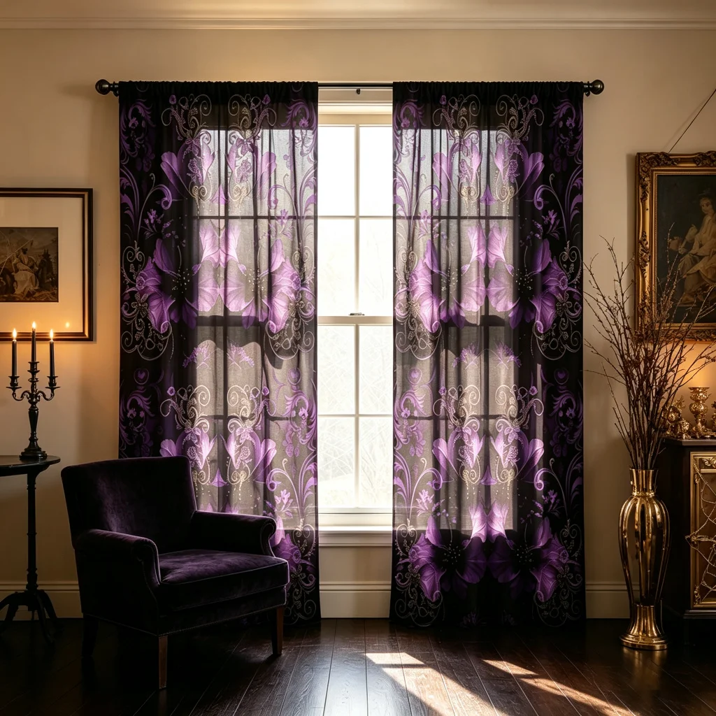 2PCS Gothic Curtains, Purple Floral Damask, Digital Print, Bedroom Living Room Kitchen, Rod Pocket Polyester, Home Decor